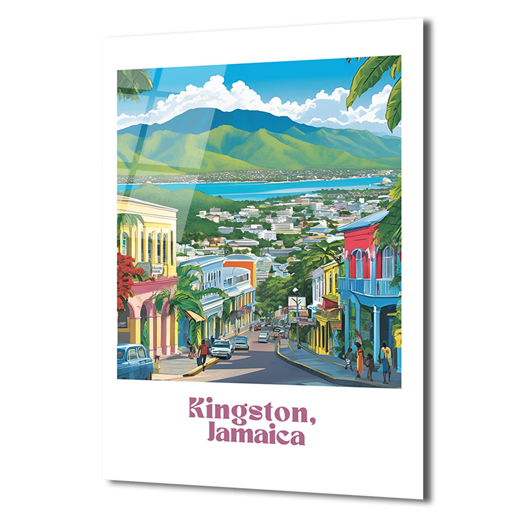 Kingston Jamaika Şehir Manzarası Canlı Sokaklar Cam Tablo