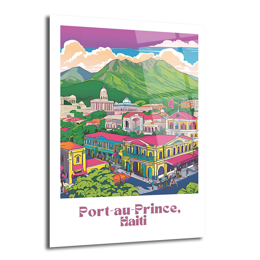 Port-au-Prince, Haiti'nin renkli ve hareketli şehir manzarasını gösteren illüstrasyon. Yeşil dağlar, pembe ve sarı tonlarında tarihi binalar, mor-pembe bulutlu gökyüzü ve canlı sokak hayatı detaylarıyla dolu bir sanat eseri.
