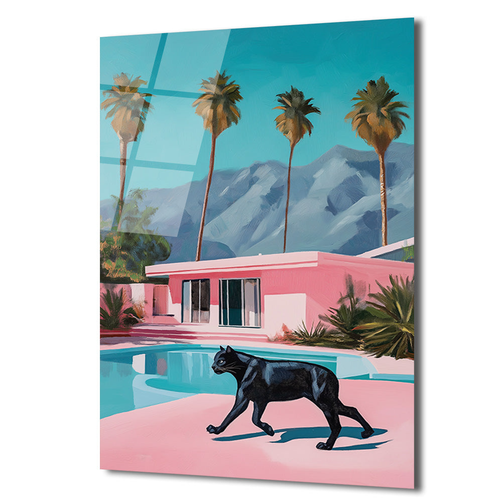 Retro Pink Villa ve Kara Panter Cam Tablo - Modern Lüks Sanat