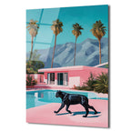 Retro Pink Villa ve Kara Panter Cam Tablo - Modern Lüks Sanat