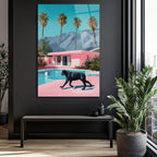 Retro Pink Villa ve Kara Panter Cam Tablo - Modern Lüks Sanat