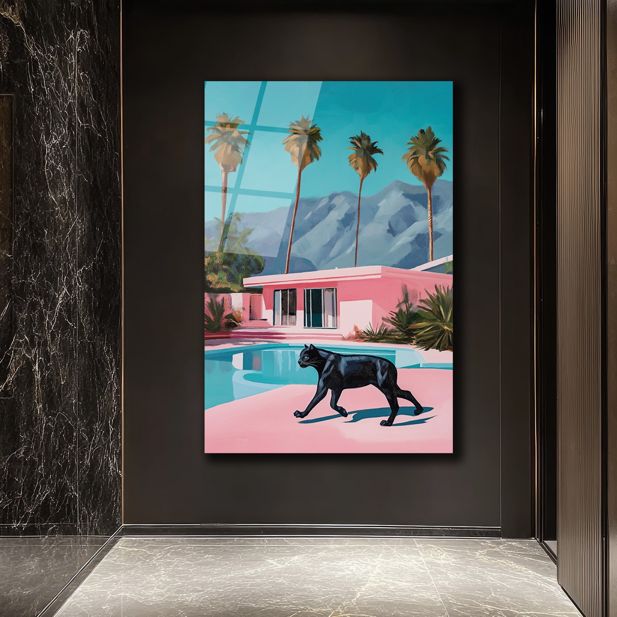 Retro Pink Villa ve Kara Panter Cam Tablo - Modern Lüks Sanat