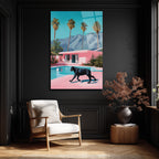 Retro Pink Villa ve Kara Panter Cam Tablo - Modern Lüks Sanat