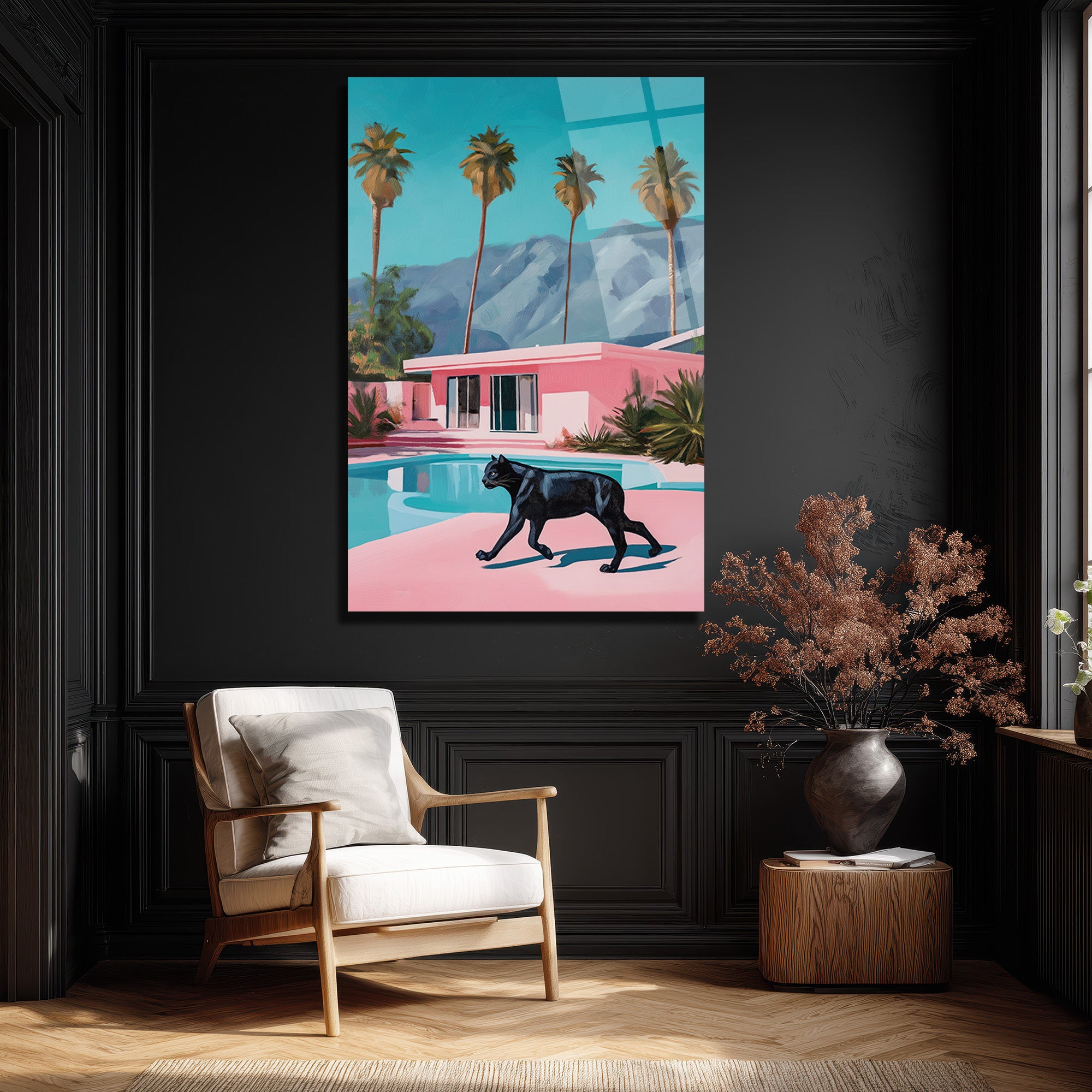 Retro Pink Villa ve Kara Panter Cam Tablo - Modern Lüks Sanat