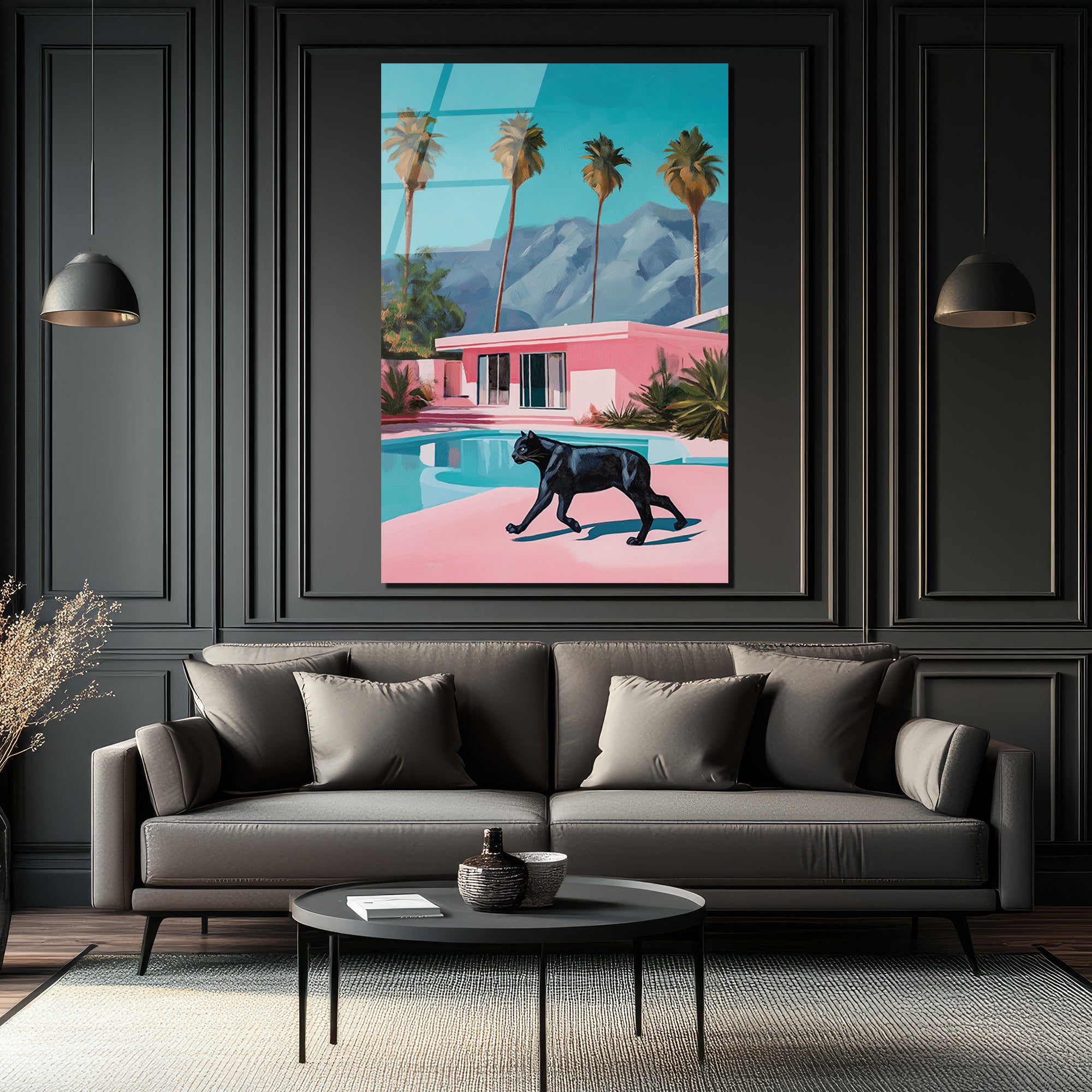 Retro Pink Villa ve Kara Panter Cam Tablo - Modern Lüks Sanat