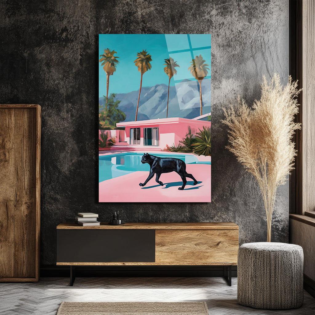 Retro Pink Villa ve Kara Panter Cam Tablo - Modern Lüks Sanat