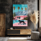 Retro Pink Villa ve Kara Panter Cam Tablo - Modern Lüks Sanat