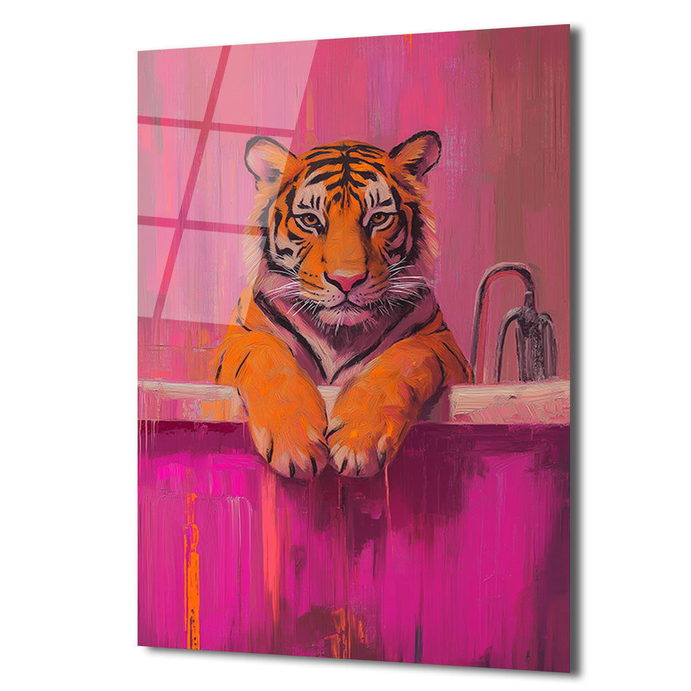 Banyodaki Kaplan Sanat Eseri: Pembe Tonlarda Cesur Cam Tablo