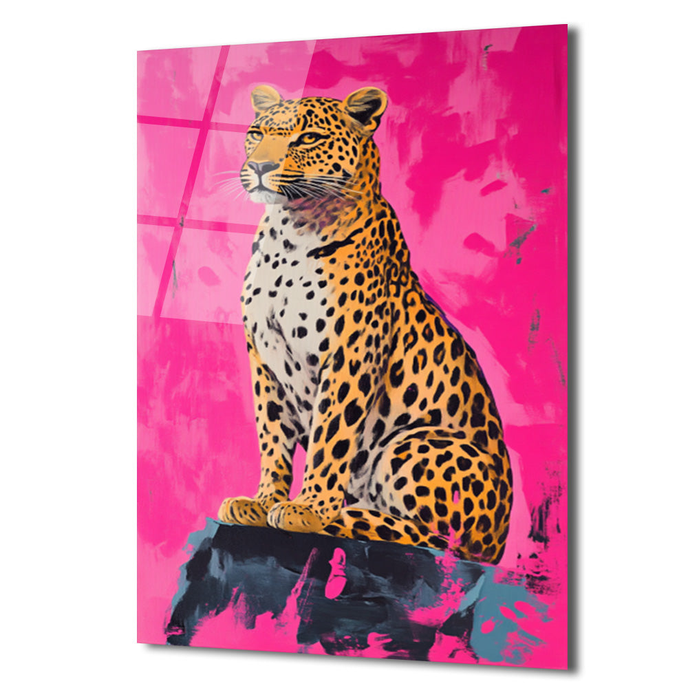 Vahşi Şıklık Pembe Leopar Cam Tablo - Modern Sanat Duvar Dekoru