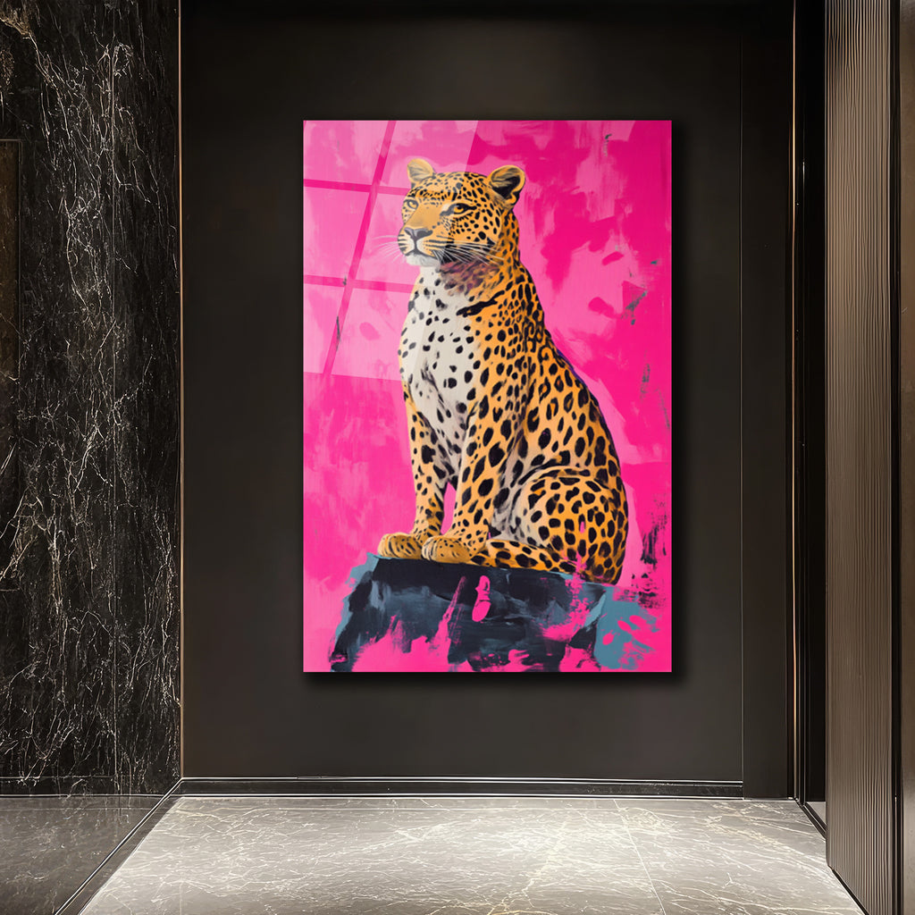 Vahşi Şıklık Pembe Leopar Cam Tablo - Modern Sanat Duvar Dekoru