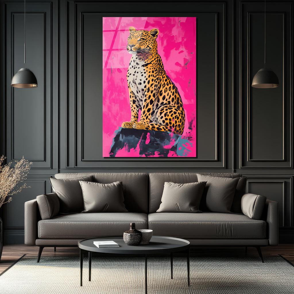 Vahşi Şıklık Pembe Leopar Cam Tablo - Modern Sanat Duvar Dekoru