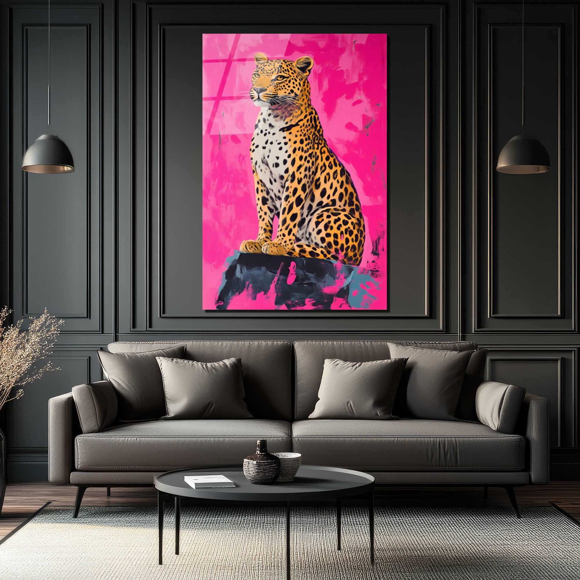 Vahşi Şıklık Pembe Leopar Cam Tablo - Modern Sanat Duvar Dekoru