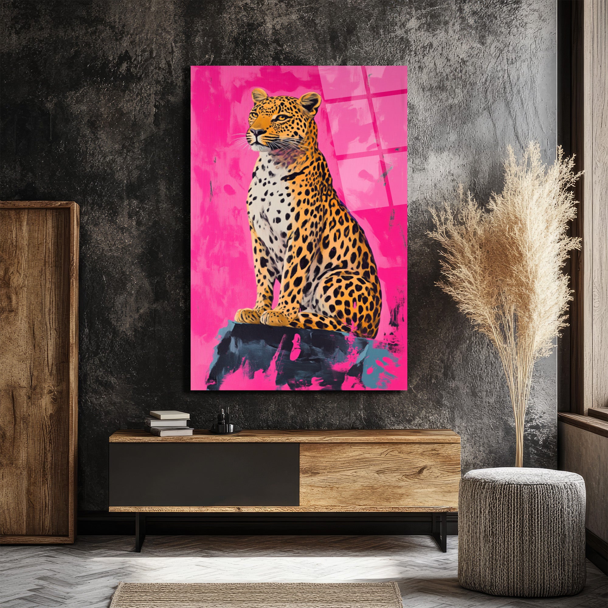 Vahşi Şıklık Pembe Leopar Cam Tablo - Modern Sanat Duvar Dekoru
