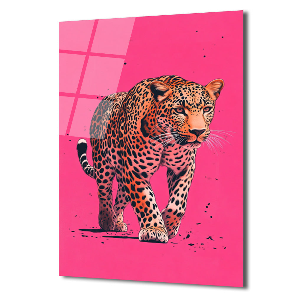 Vahşi Zarafet: Pembe Fonlu Leopar Cam Tablo