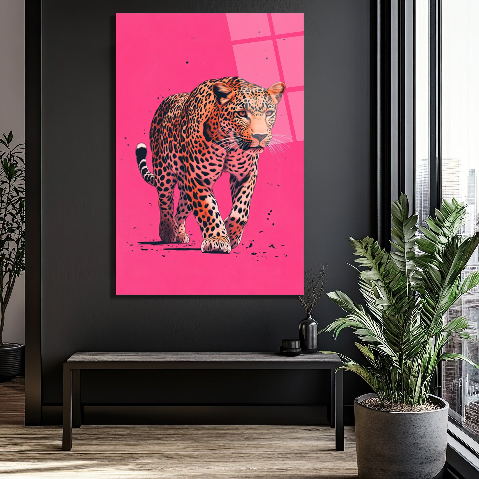 Vahşi Zarafet: Pembe Fonlu Leopar Cam Tablo