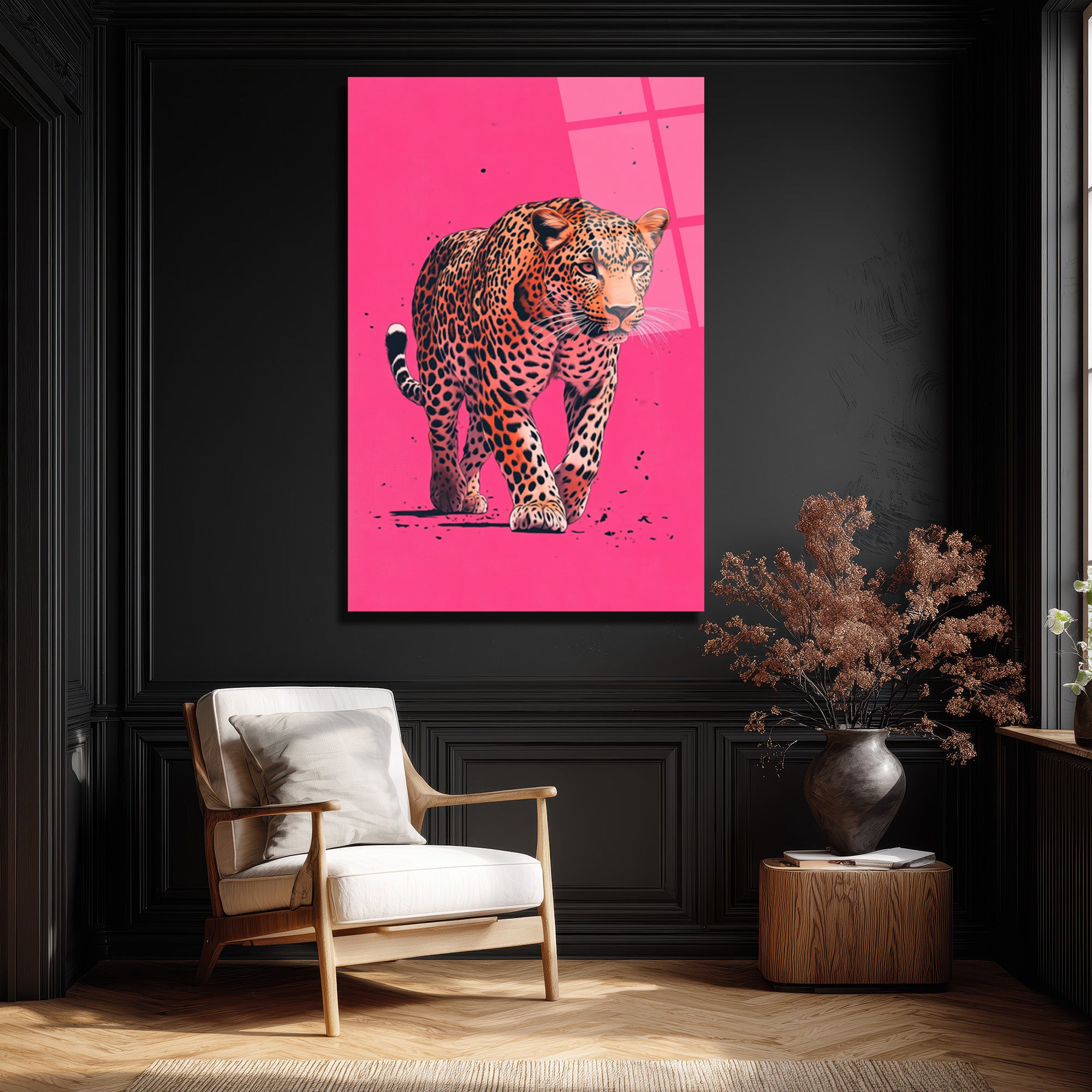 Vahşi Zarafet: Pembe Fonlu Leopar Cam Tablo