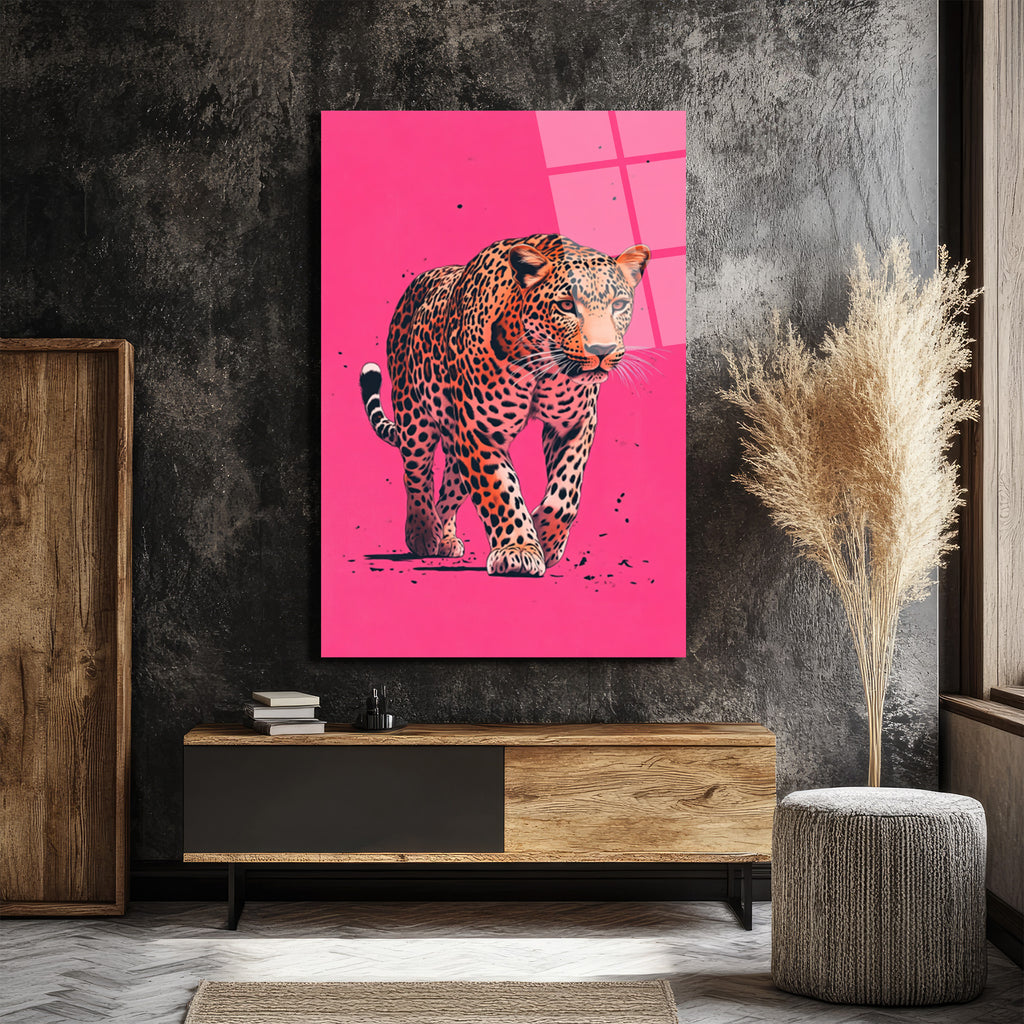 Vahşi Zarafet: Pembe Fonlu Leopar Cam Tablo