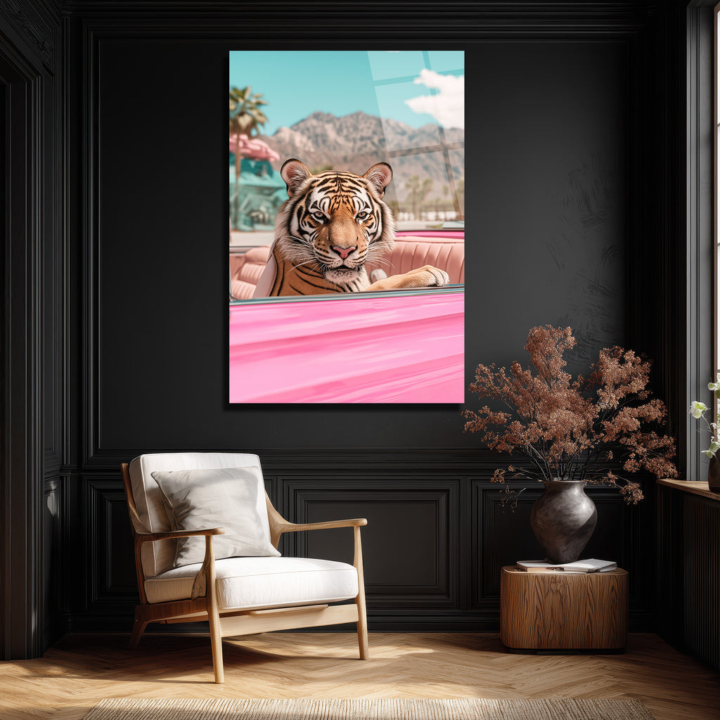 Lüks Pembe Arabada Kaplan Cam Tablo - Modern Duvar Sanatı