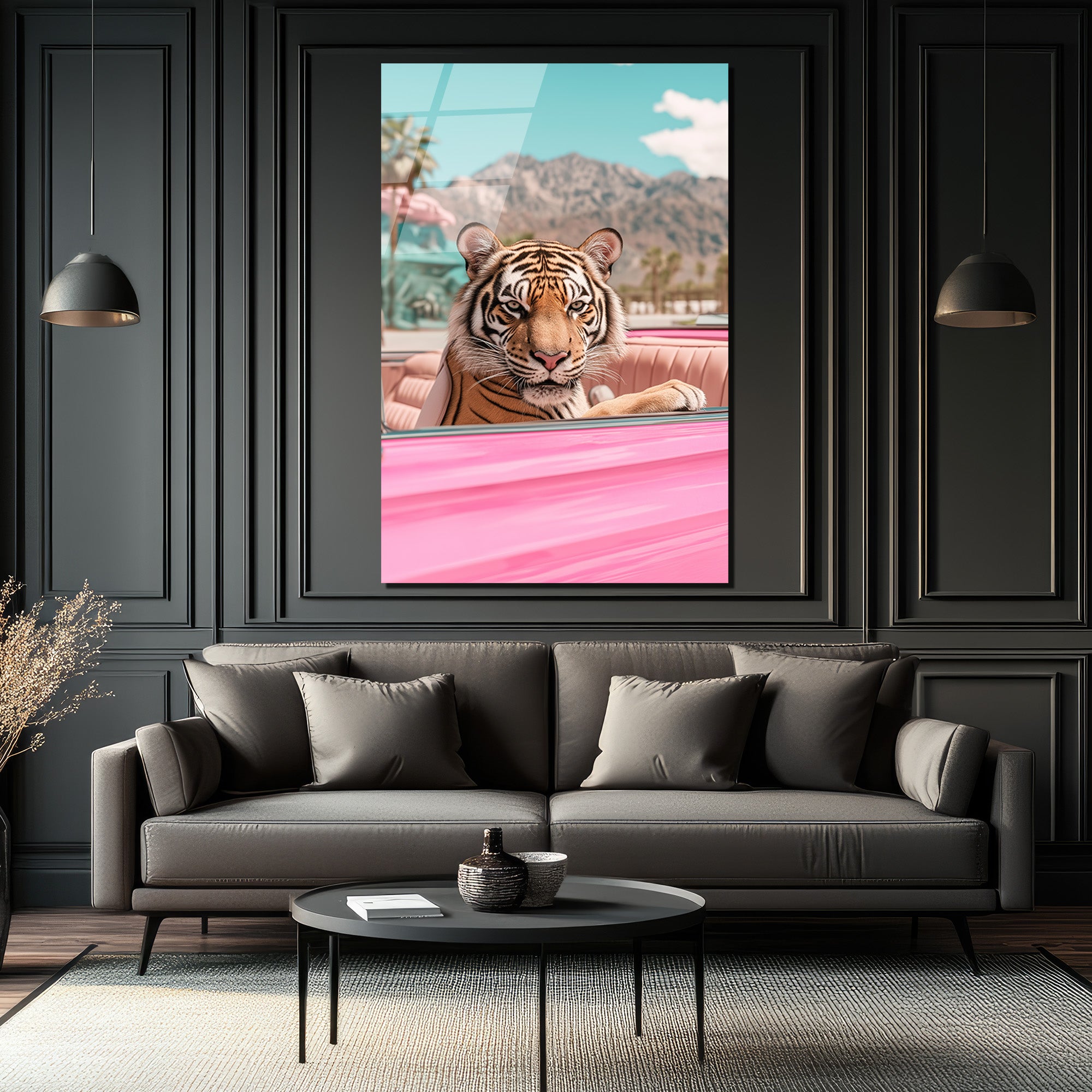 Lüks Pembe Arabada Kaplan Cam Tablo - Modern Duvar Sanatı