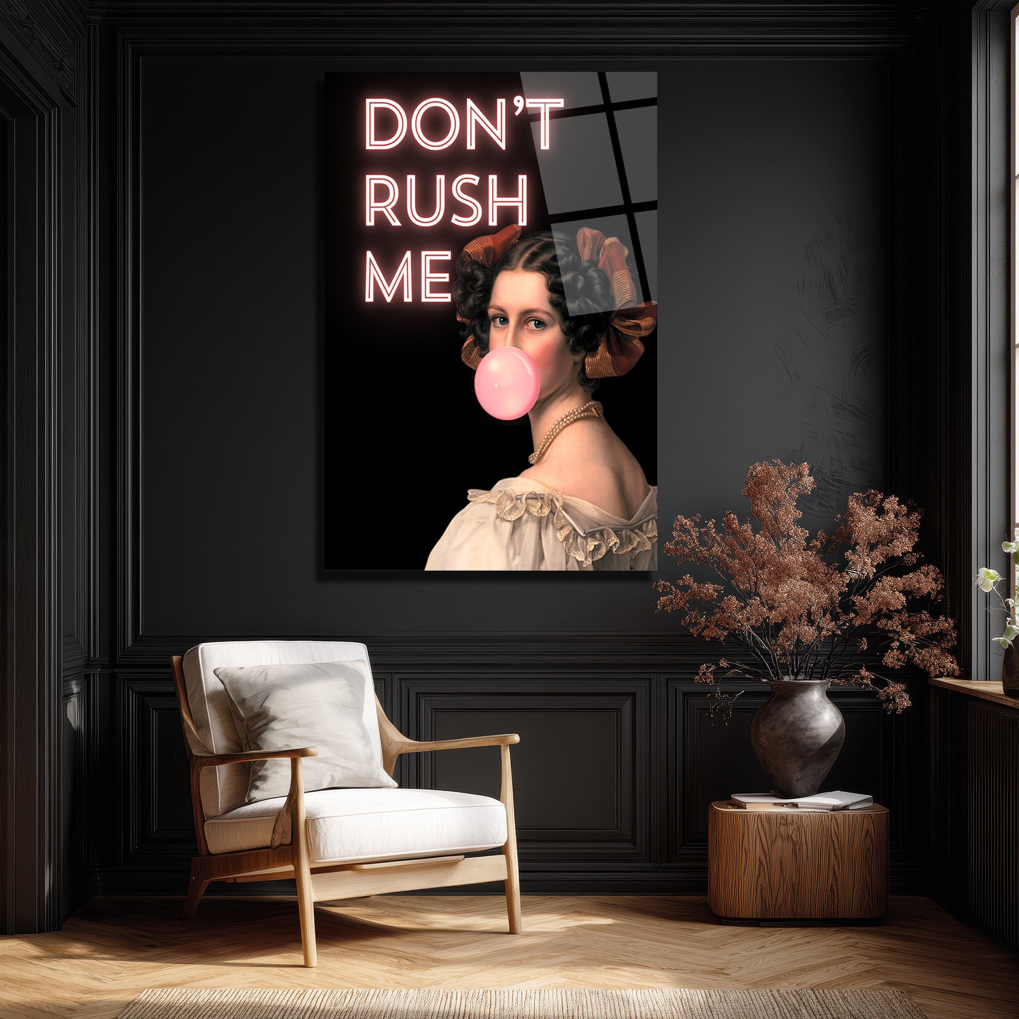 Don't Rush Me Neon Yazılı Sakız Balonlu Kadın Portre Cam Tablo