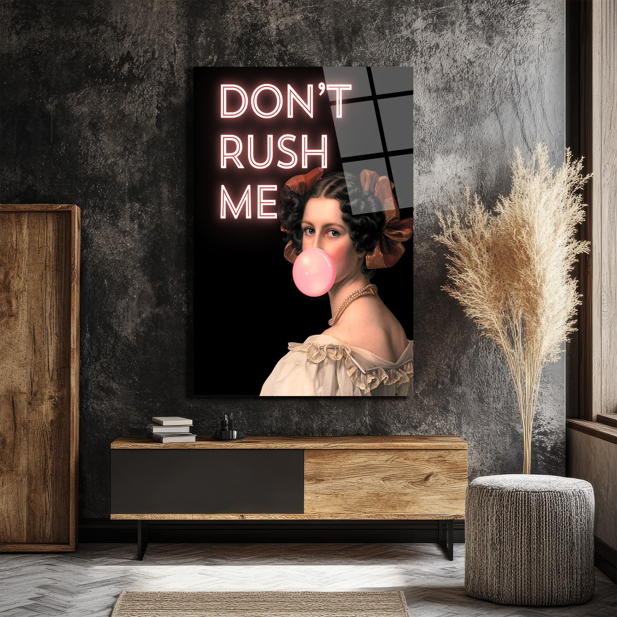 Don't Rush Me Neon Yazılı Sakız Balonlu Kadın Portre Cam Tablo
