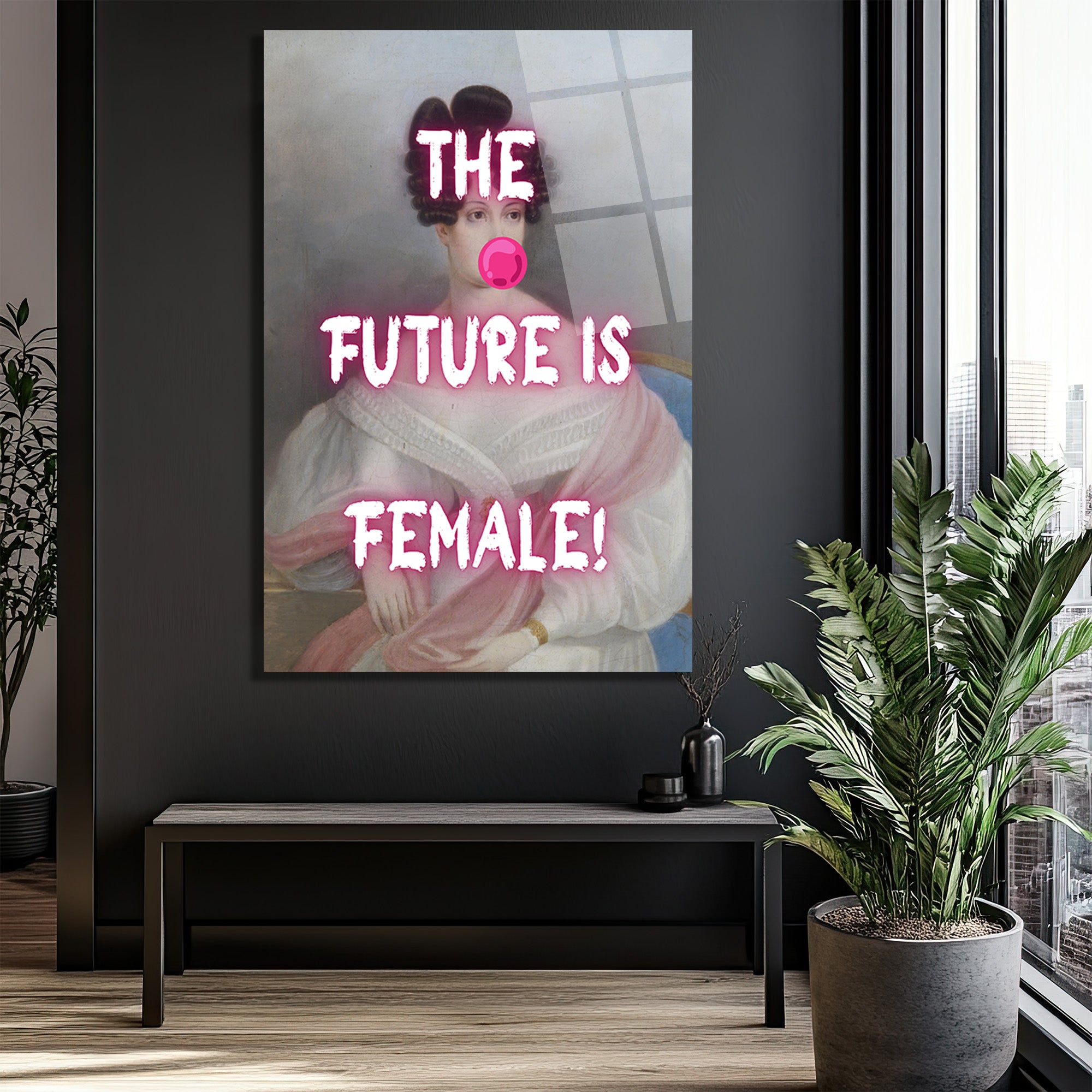 THE FUTURE IS FEMALE! Neon Pembe Sakız Patlatan Kadın Cam Tablo