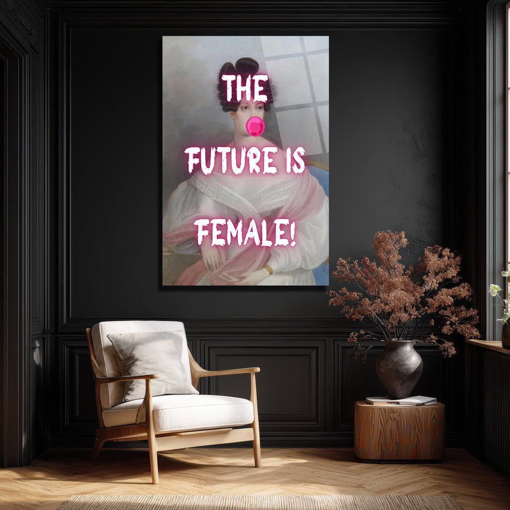 THE FUTURE IS FEMALE! Neon Pembe Sakız Patlatan Kadın Cam Tablo