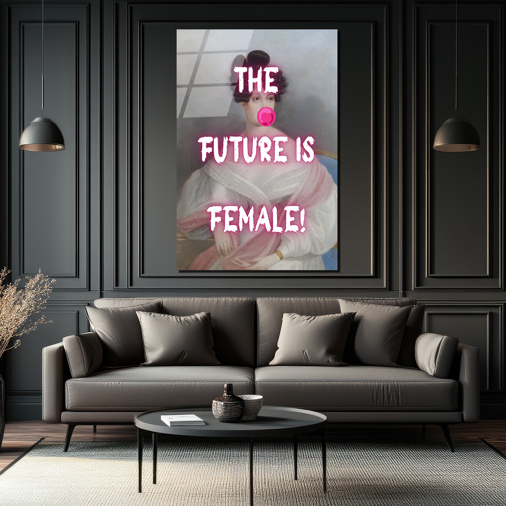 THE FUTURE IS FEMALE! Neon Pembe Sakız Patlatan Kadın Cam Tablo