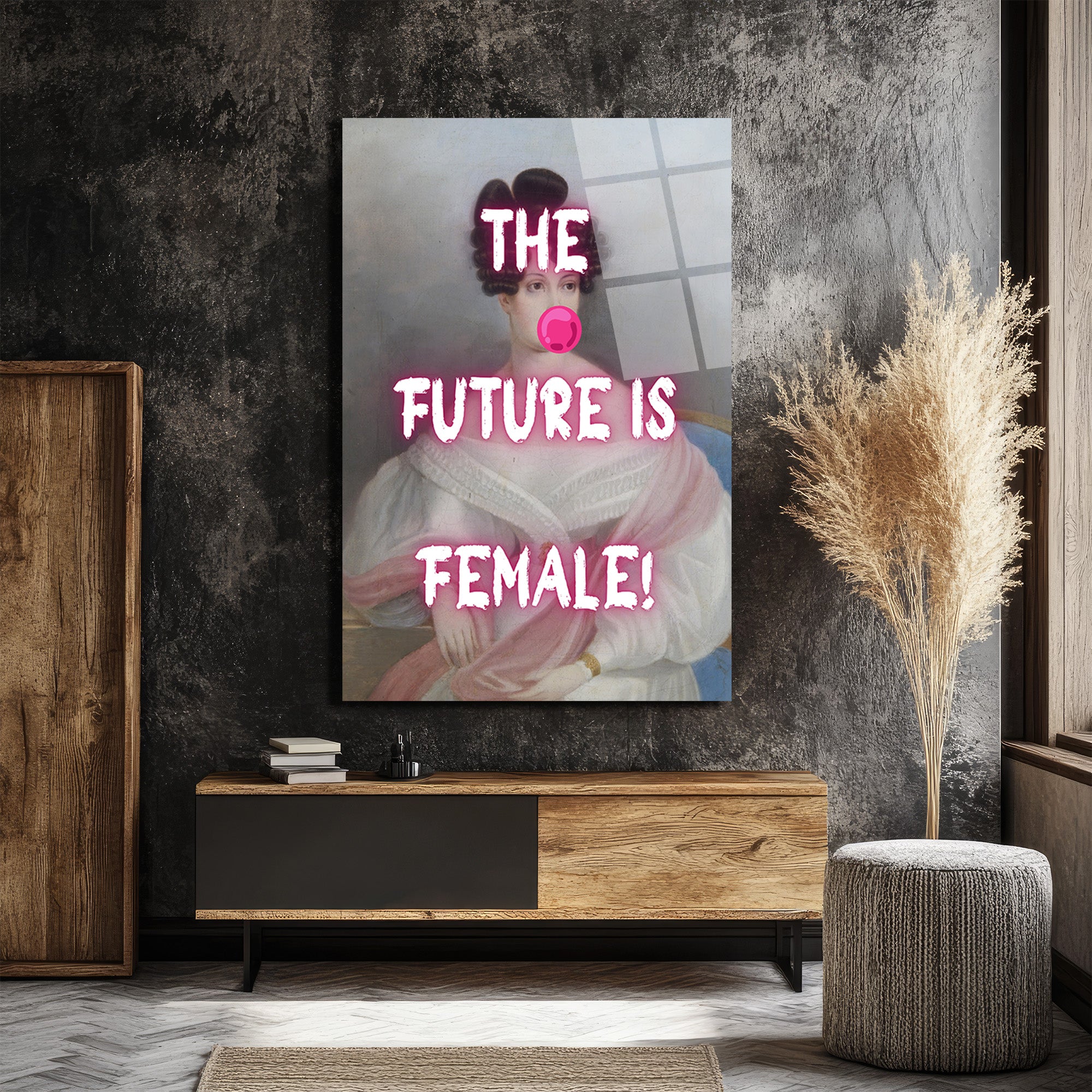THE FUTURE IS FEMALE! Neon Pembe Sakız Patlatan Kadın Cam Tablo