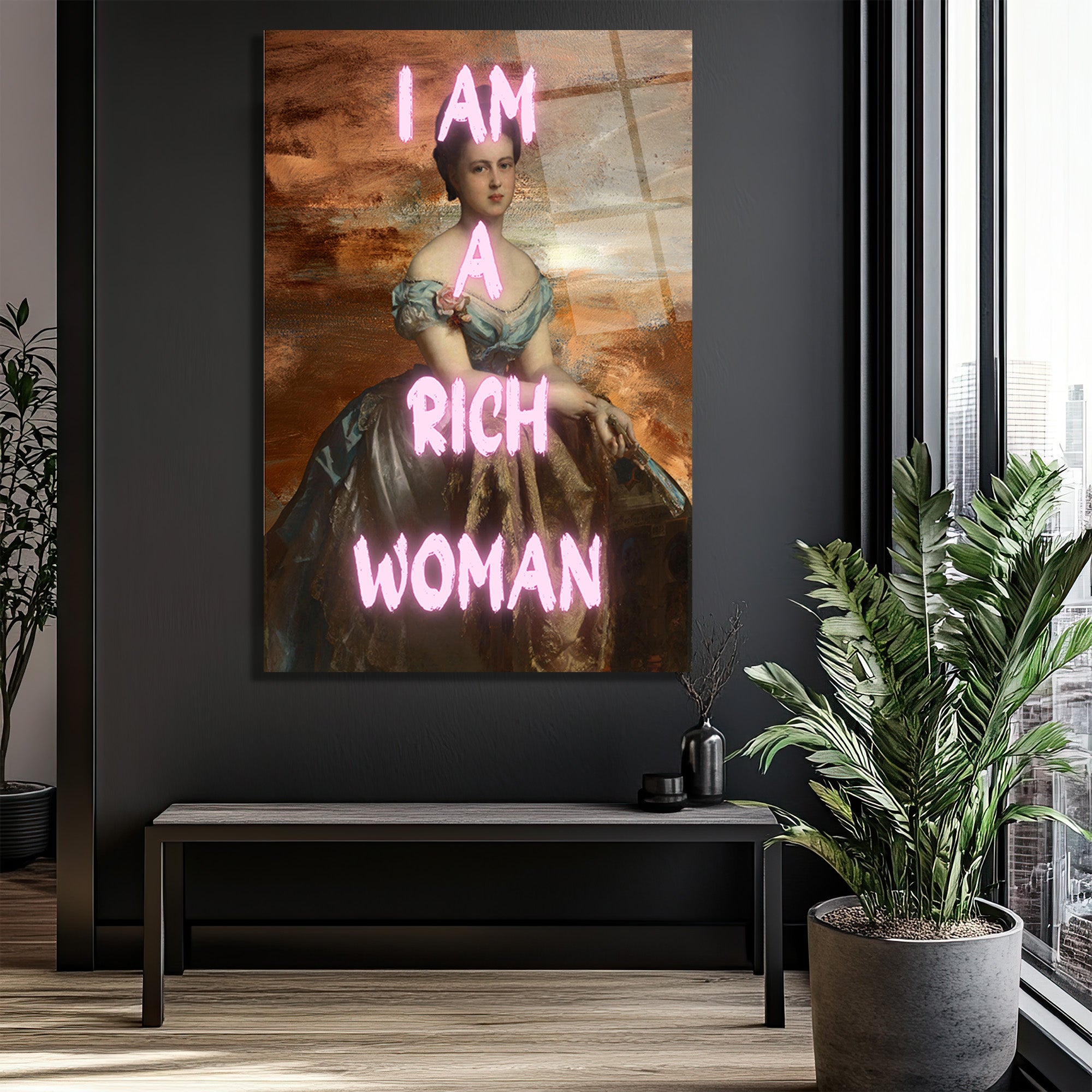I AM A RICH WOMAN Neon Yazılı Klasik Portre Cam Tablo