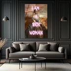 I AM A RICH WOMAN Neon Yazılı Klasik Portre Cam Tablo