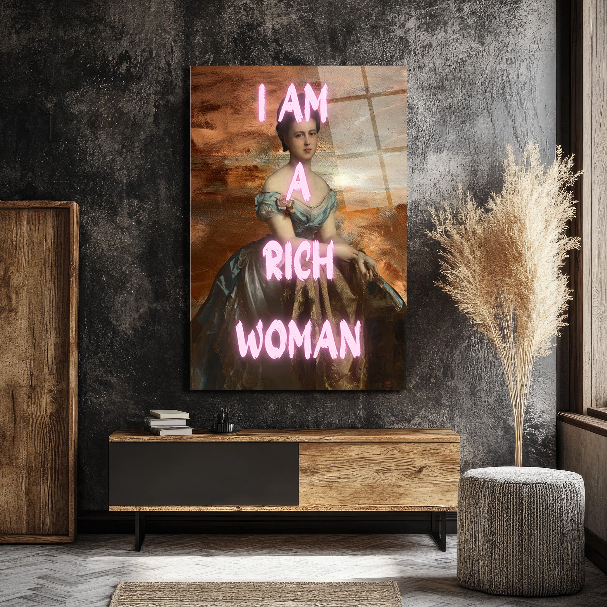 I AM A RICH WOMAN Neon Yazılı Klasik Portre Cam Tablo