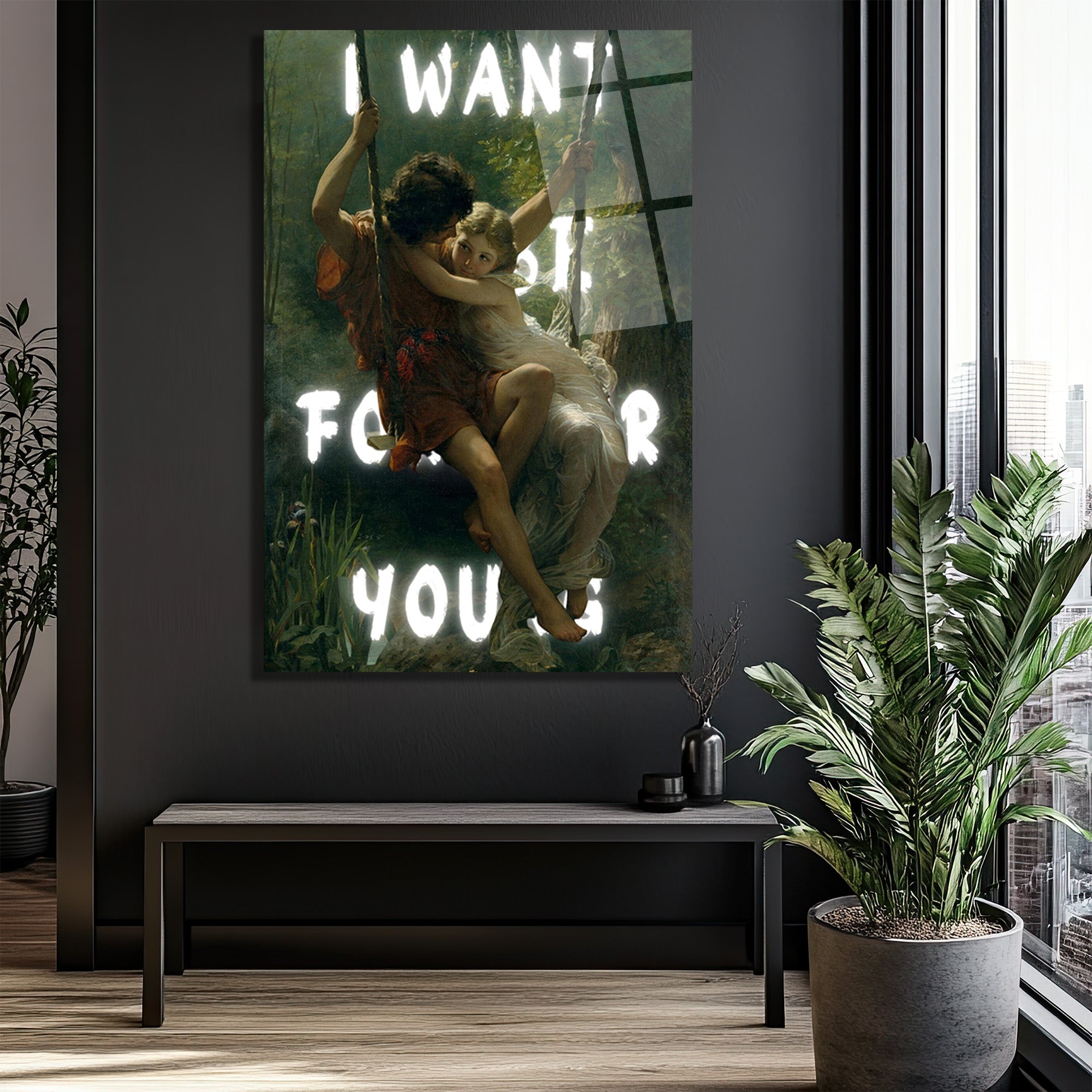 "I WANT TO BE FOR YOU" Romantik Aşk Salıncağı Cam Tablo