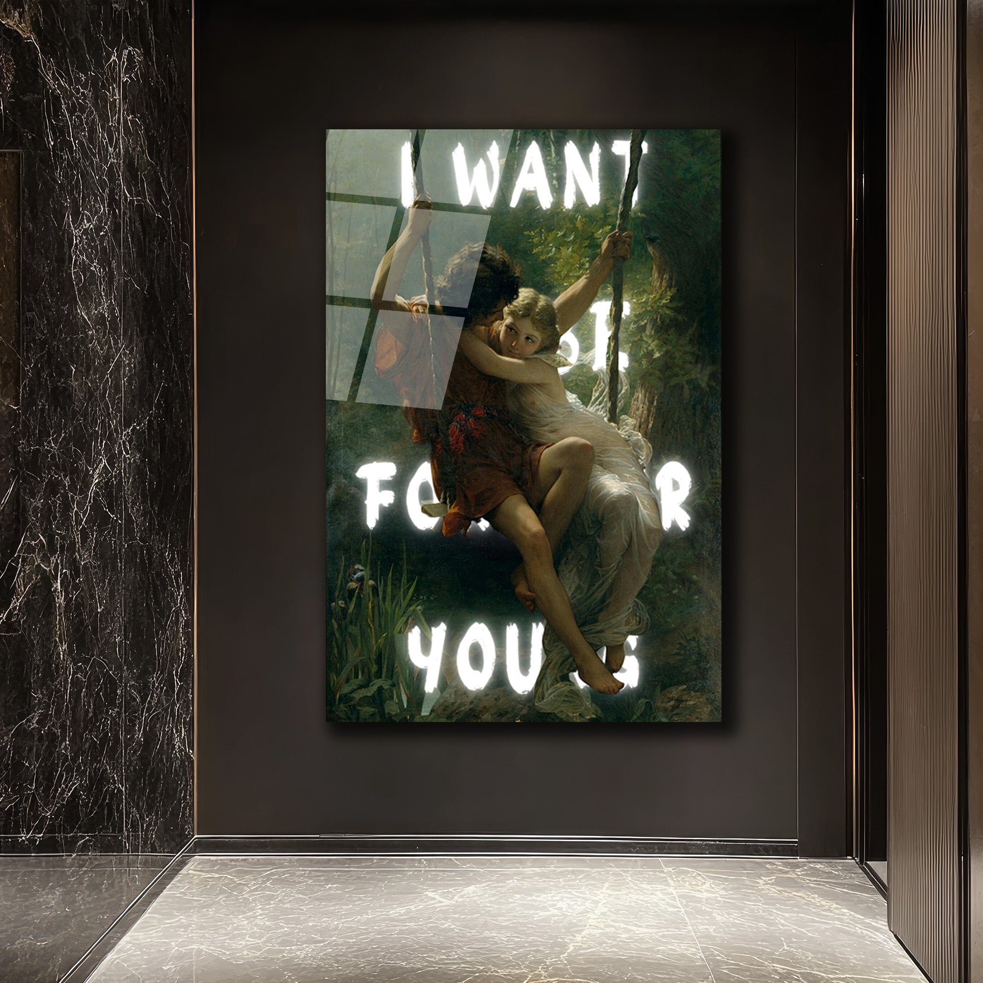 "I WANT TO BE FOR YOU" Romantik Aşk Salıncağı Cam Tablo
