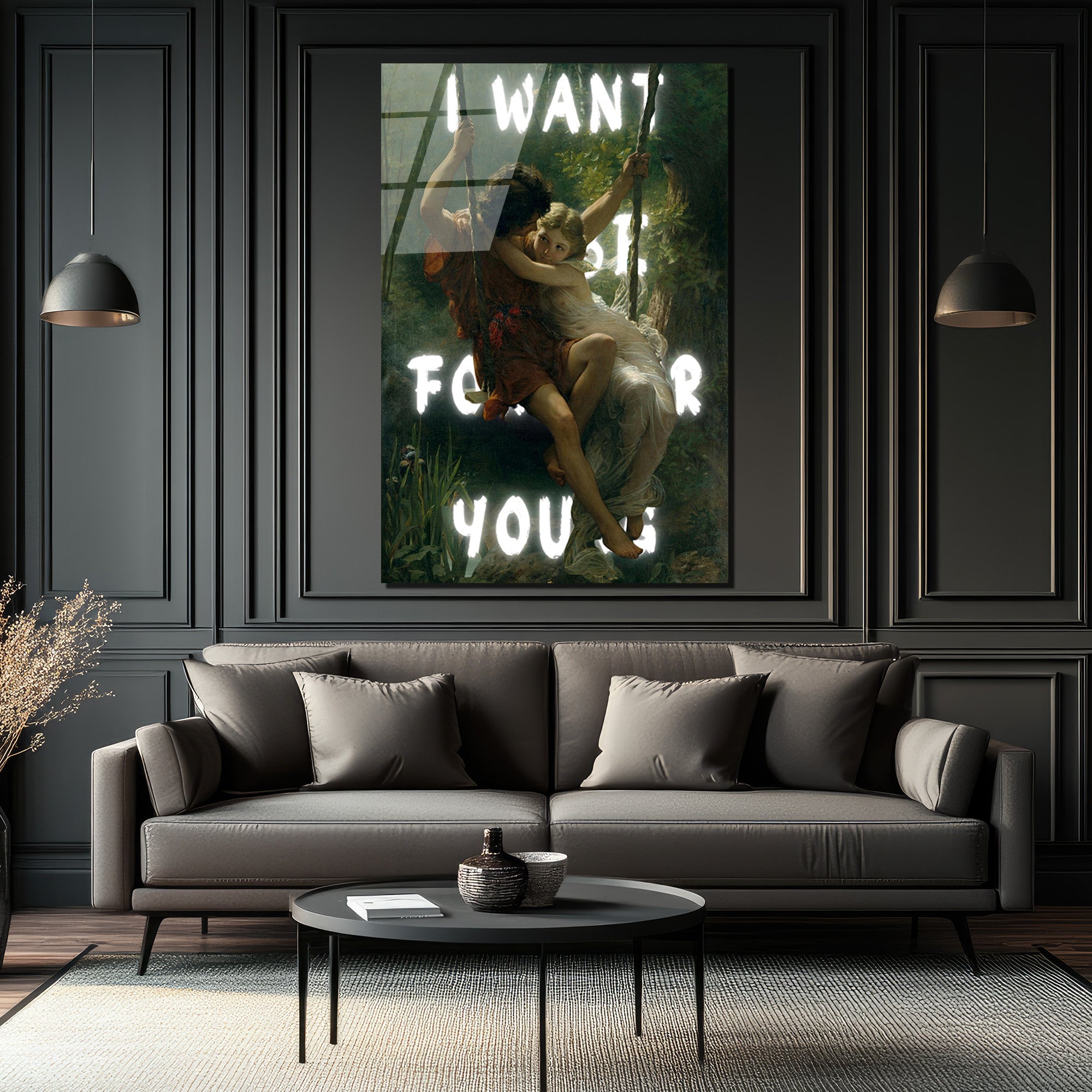 "I WANT TO BE FOR YOU" Romantik Aşk Salıncağı Cam Tablo