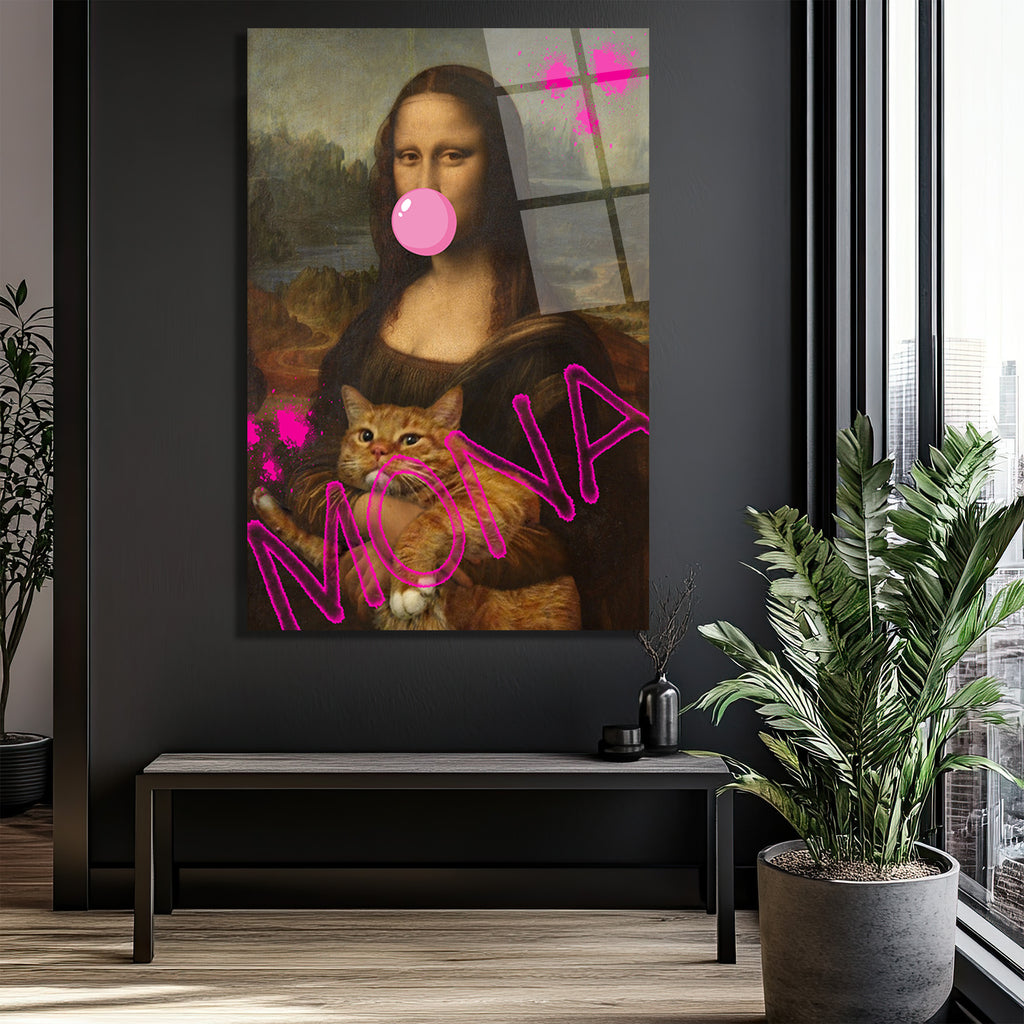 Pop Art Mona Lisa ve Kedi Cam Tablo - Modern Duvar Sanatı