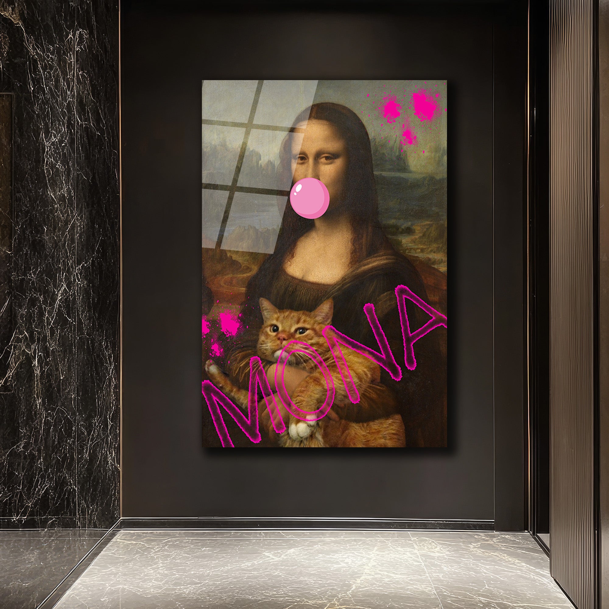 Pop Art Mona Lisa ve Kedi Cam Tablo - Modern Duvar Sanatı