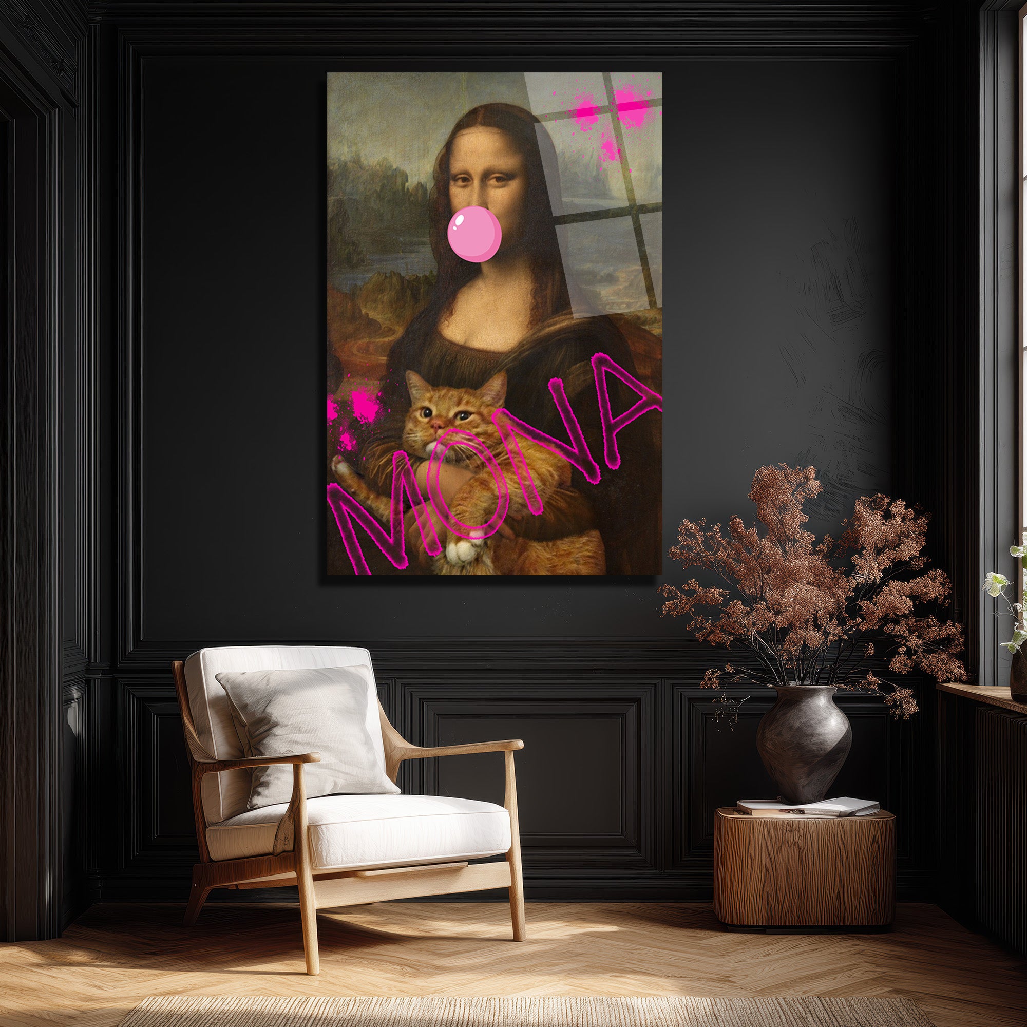 Pop Art Mona Lisa ve Kedi Cam Tablo - Modern Duvar Sanatı