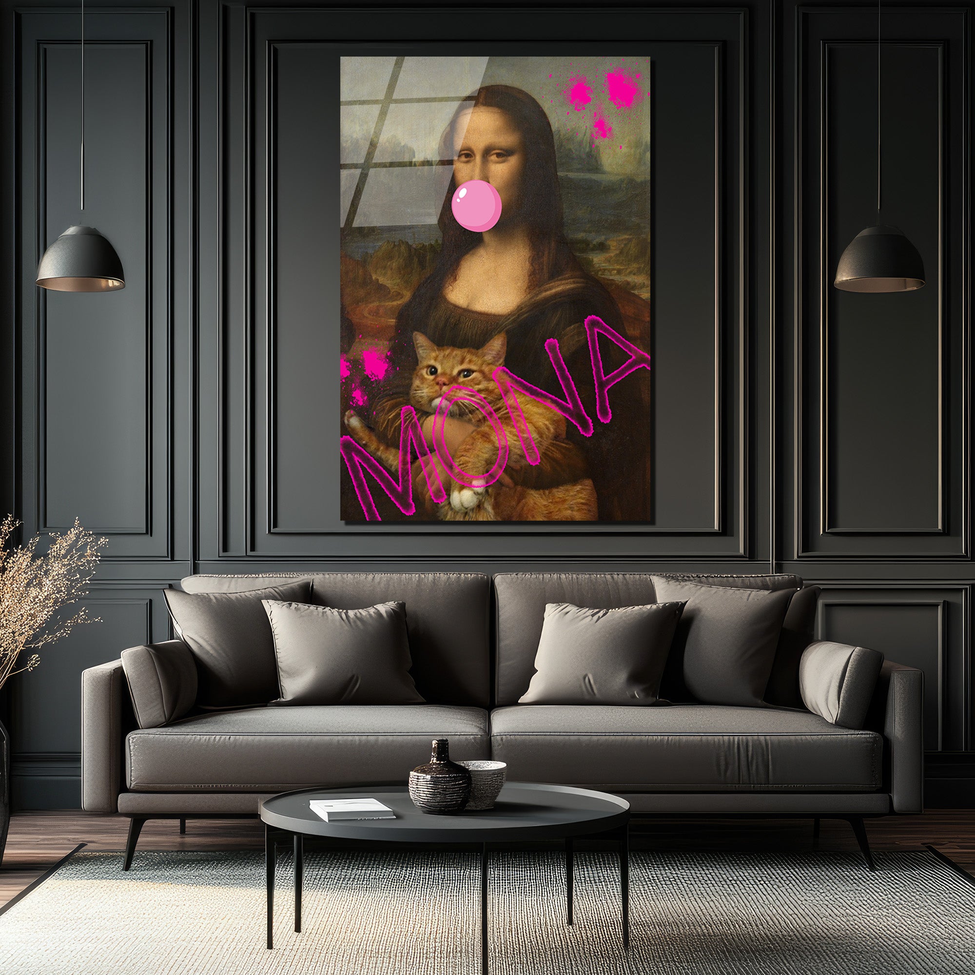 Pop Art Mona Lisa ve Kedi Cam Tablo - Modern Duvar Sanatı