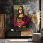 Pop Art Mona Lisa ve Kedi Cam Tablo - Modern Duvar Sanatı