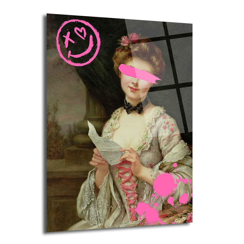 Klasik bir kadın portresinin üzerine neon pembe graffiti detayları ve gözleri kapatan fırça darbesi olan cam tablo.