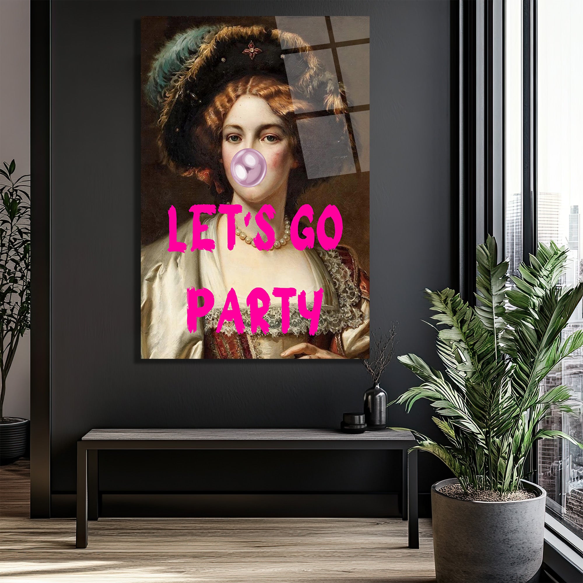 Let's Go Party Balonlu Kadın Cam Tablo - Pop Art Duvar Sanatı