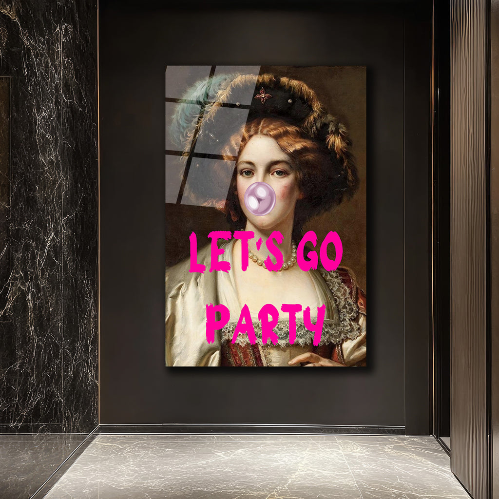 Let's Go Party Balonlu Kadın Cam Tablo - Pop Art Duvar Sanatı