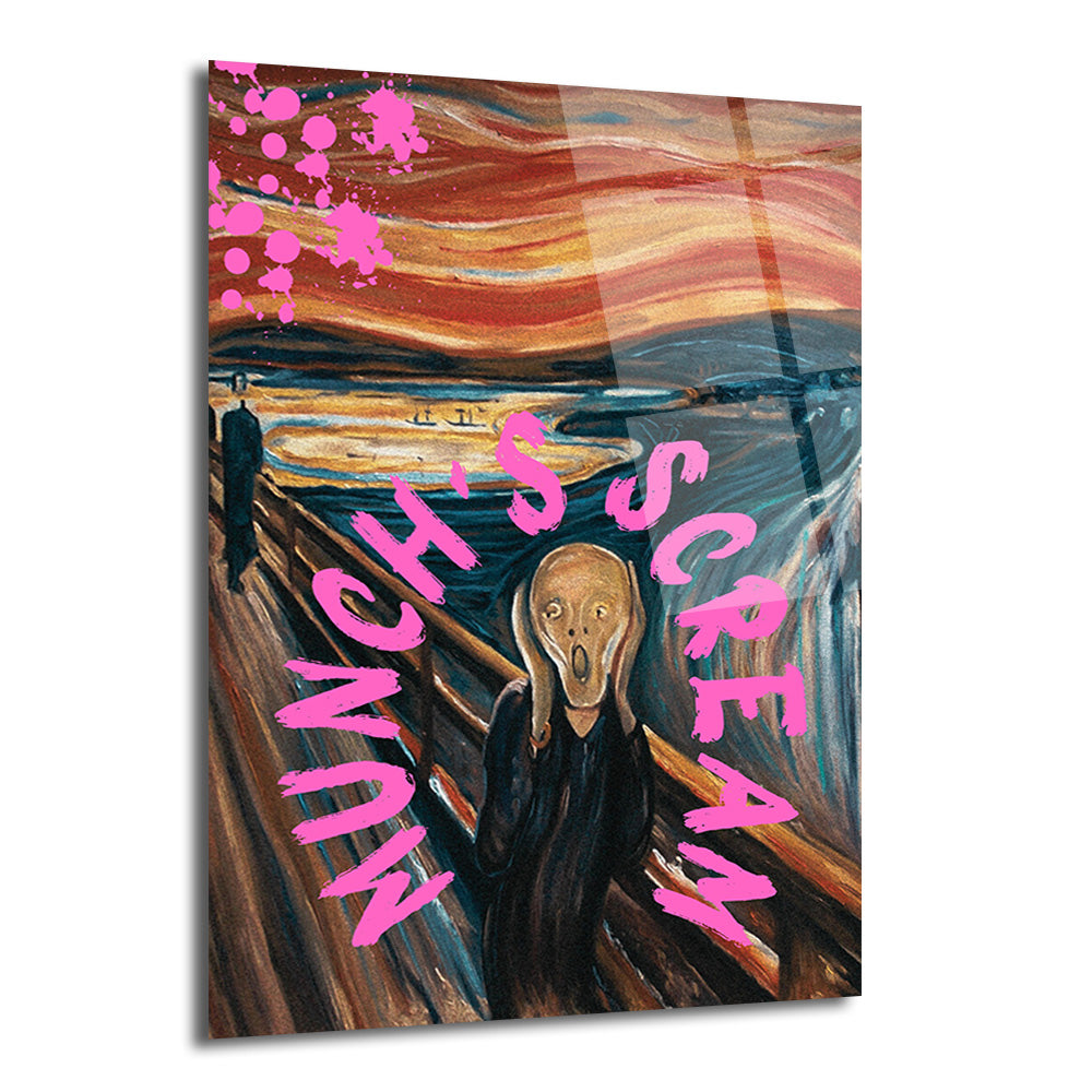 Edvard Munch'ın 'Çığlık' tablosunun modern, pop art tarzı bir yorumu. Tabloda pembe neon harflerle 'MUNCH'S SCREAM' yazısı ve pembe boya sıçramaları bulunuyor. Arka planda turuncu, kırmızı ve mavi tonlarında dramatik bir gün batımı manzarası ve köprü üzerinde çığlık atan figür yer alıyor.