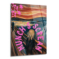 Edvard Munch'ın 'Çığlık' tablosunun modern, pop art tarzı bir yorumu. Tabloda pembe neon harflerle 'MUNCH'S SCREAM' yazısı ve pembe boya sıçramaları bulunuyor. Arka planda turuncu, kırmızı ve mavi tonlarında dramatik bir gün batımı manzarası ve köprü üzerinde çığlık atan figür yer alıyor.