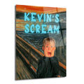 Edvard Munch'un ünlü Çığlık tablosu arka planında, Evde Tek Başına filminden Kevin McCallister'ın elleri yüzünde şaşkın ifadeyle durduğu, üzerinde mavi renkte 'KEVIN'S SCREAM' yazan esprili ve modern cam tablo.