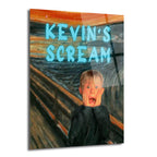 Edvard Munch'un ünlü Çığlık tablosu arka planında, Evde Tek Başına filminden Kevin McCallister'ın elleri yüzünde şaşkın ifadeyle durduğu, üzerinde mavi renkte 'KEVIN'S SCREAM' yazan esprili ve modern cam tablo.