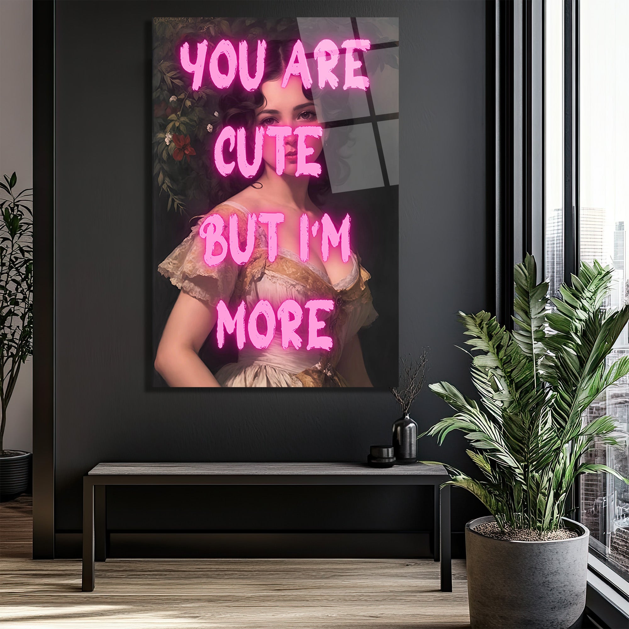 You Are Cute Neon Yazılı Vintage Kadın Cam Tablo
