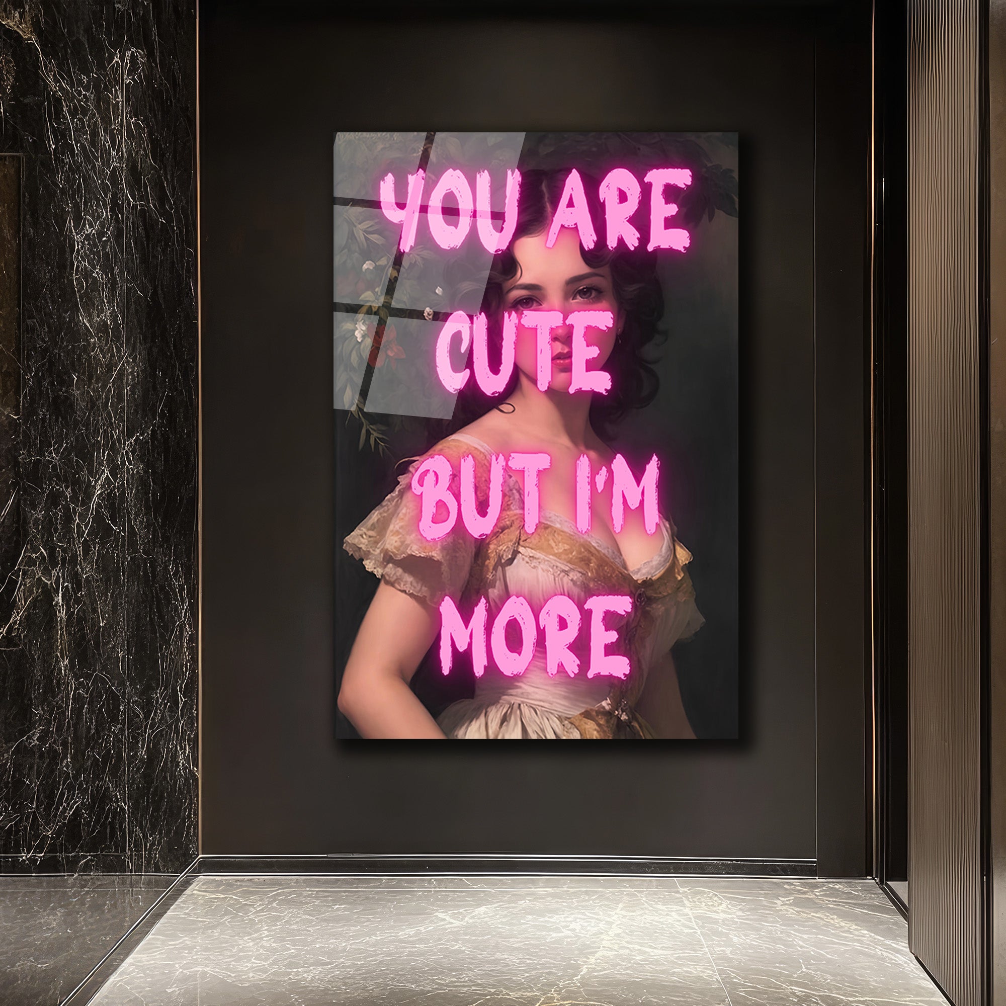 You Are Cute Neon Yazılı Vintage Kadın Cam Tablo
