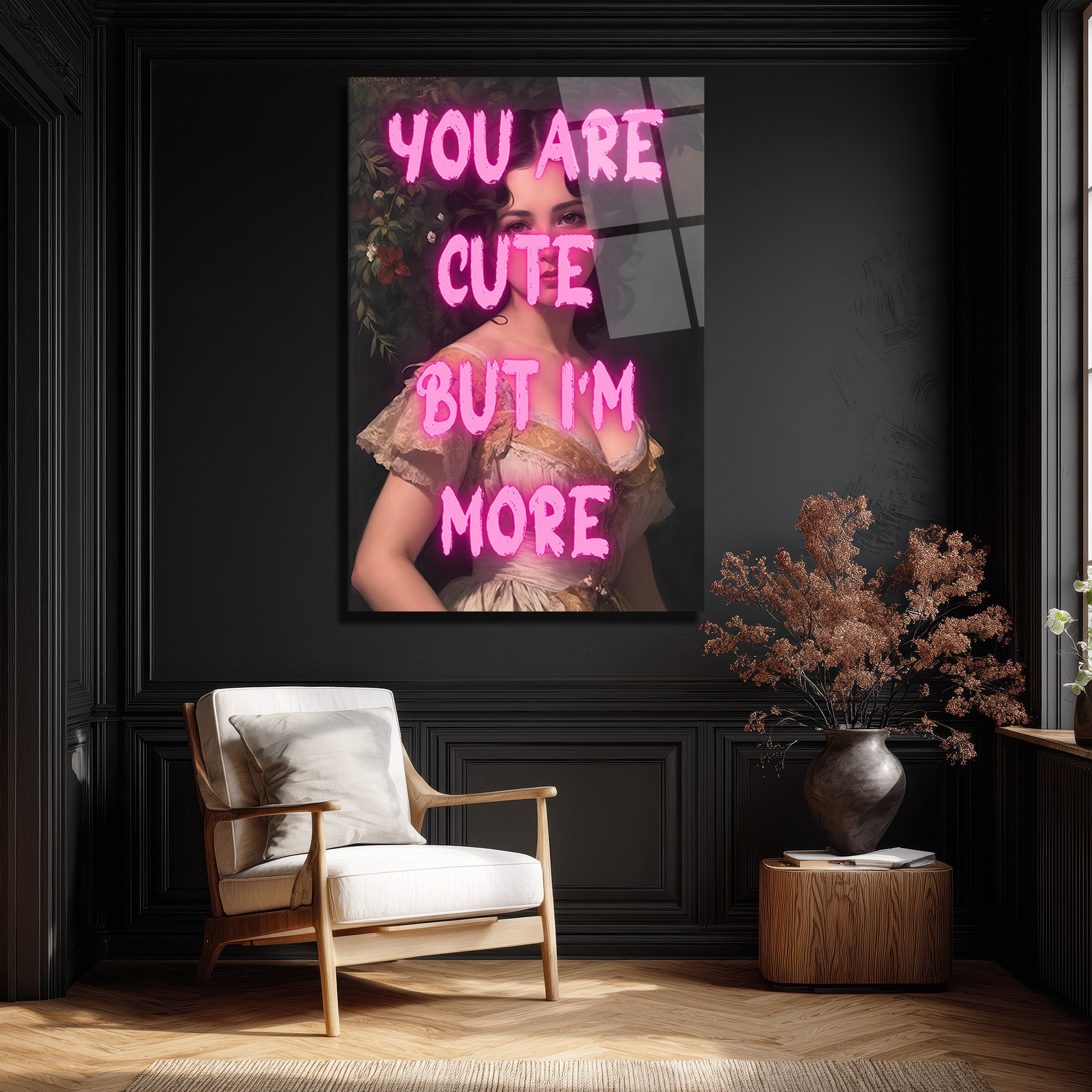 You Are Cute Neon Yazılı Vintage Kadın Cam Tablo